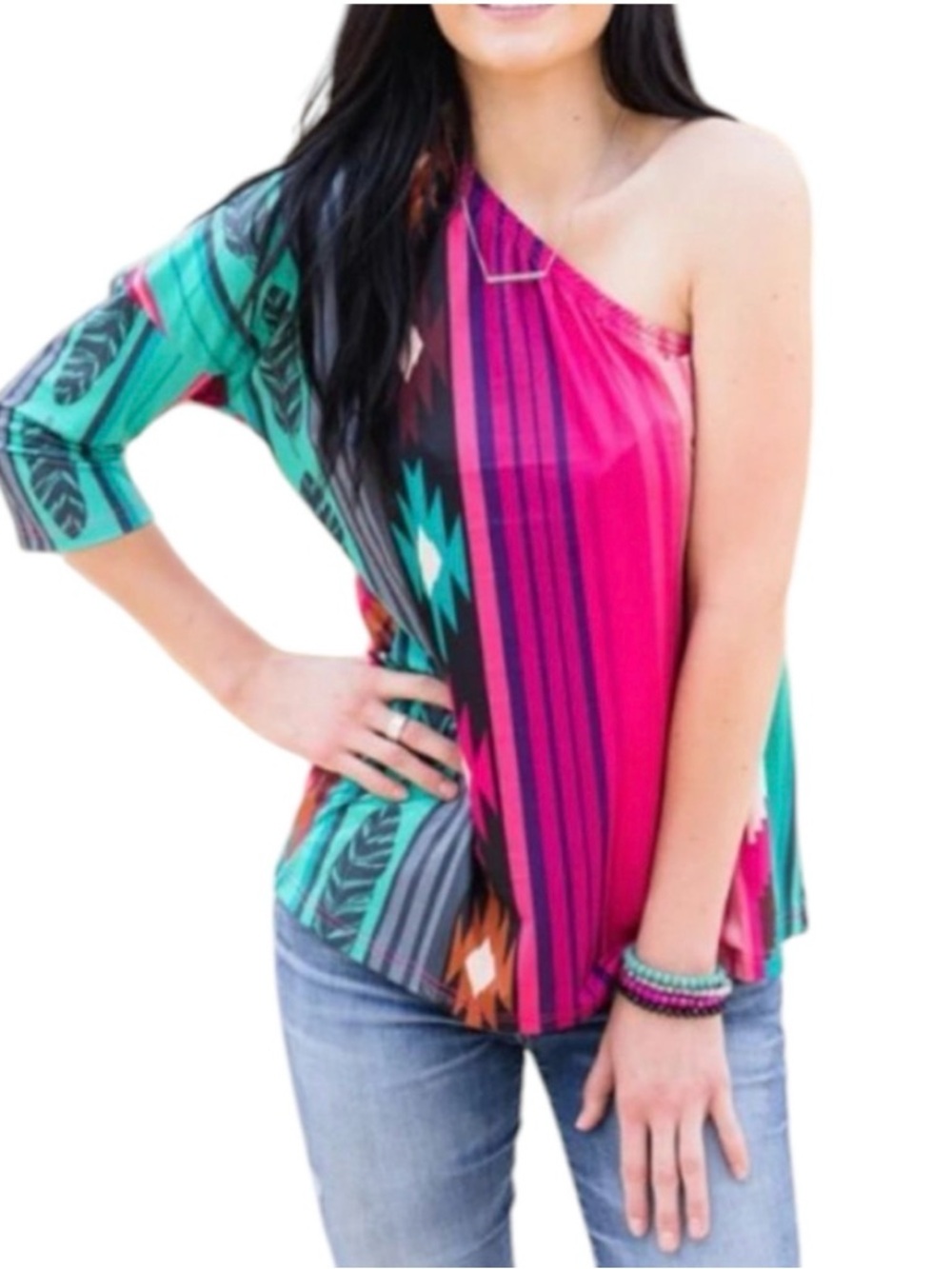One Shoulder Southwestern Print Top in Bright Pink & Teal